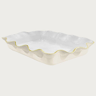 cream and white casserole holder with gold trim designed to hold 9x13 baking dish for elegant table serving