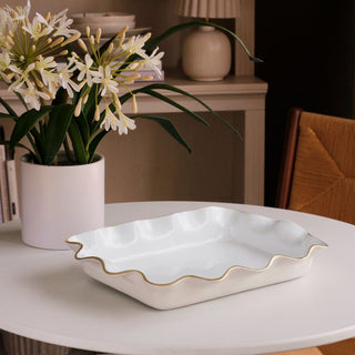 Creamed white metal casserole holder with gold rim, lightweight rectangular bakeware displayed on modern round table, elegant kitchen and dining decor for serving or entertaining. Food Safe and Dishwasher Safe. Not Microwave or Oven Safe, Third & Main, Home Decor