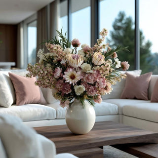 Luxury floral arrangement featuring Creamy Heirloom Mauve king protea and soft blush blooms, styled in a modern contemporary living room with abundant natural light.