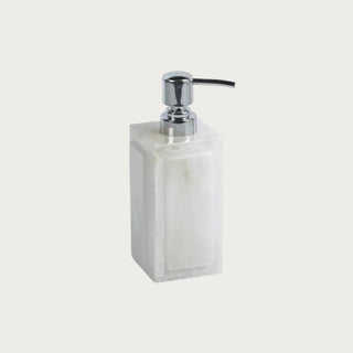 This is a beautiful creamy white alabaster soap/lotion dispenser with a polish chrome pump.  Creamy White Alabaster Soap/Lotion Dispenser, Third & Main, Alabaster, Luxury Bathroom Essentials.