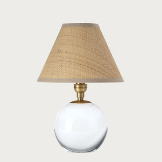 Mini crystal glass table lamp with natural brass accents and natural rattan lampshade, small decorative accent lighting. Third & Main, Home Decor, Regina Andrews Lighting, Luxury Lighting, Table Lamp, Contemporary Decor, Fall Decor, Every day Decor, Everyday Lighting