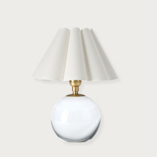 Mini crystal glass table lamp with natural brass accents and white pleated scalloped lampshade, modern bedside lighting. Third & Main, Home Decor, Regina Andrews Lighting, Luxury Lighting, Table Lamp, Contemporary Decor, Fall Decor, Every day Decor, Everyday Lighting