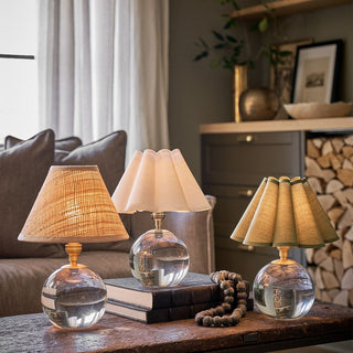 Mini crystal glass table lamp with natural brass accents and natural rattan lampshade, small decorative accent lighting. Third & Main, Home Decor, Regina Andrews Lighting, Luxury Lighting, Table Lamp, Contemporary Decor, Fall Decor, Every day Decor, Everyday Lighting