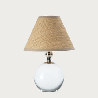 Mini crystal glass table lamp with polished nickel accents and natural rattan lampshade, small decorative accent lighting. Third & Main, Home Decor, Regina Andrews Lighting, Luxury Lighting, Table Lamp, Contemporary Decor, Fall Decor, Every day Decor, Everyday Lighting