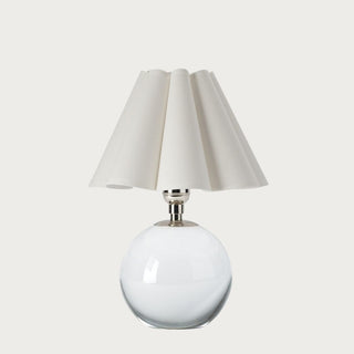 Mini crystal glass table lamp with polished nickel accents and white pleated scalloped lampshade, modern bedside lighting. Third & Main, Home Decor, Regina Andrews Lighting, Luxury Lighting, Table Lamp, Contemporary Decor, Fall Decor, Every day Decor, Everyday Lighting