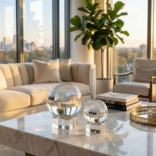 Modern living room with beige sofa, marble coffee table, and large windows.