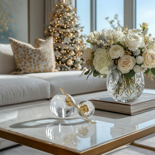 Crystal pomegranate sculpture styled on a marble coffee table beside a vase of white florals and a Christmas tree.