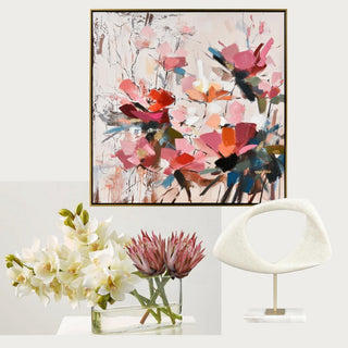 Curated Luxe Home Decor Box Modern Botanica, Luxury Home Decor Curated Box Including a 32" in Diameter Abstract Floral Art Print on Canvas, A Real Touch Luxury Premade Floral Arrangement  with Cymbidium and Protea and a Contemporary Style White Sculpture on Marble Base with Gold Accents, Third & Main, Luxury Home Decor, Curated Decor Box, Contemporary Decor,