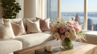 Light-filled living room styled with curated neutral home decor and a soft pink floral arrangement on a wooden coffee table, showcasing Third & Main’s timeless, elevated approach to interior styling