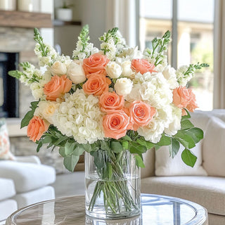 Custom Premade Poetry & Petals Roses, Hydrangea and Delphinium True Bloom Real Touch Floral Arrangement , Real Touch Floral from the True Bloom Floral collection by Third & Main, Custom Premade Floral Arrangement (made at time of order).