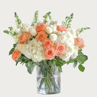 Custom Premade Poetry & Petals Roses, Hydrangea and Delphinium True Bloom Real Touch Floral Arrangement , Real Touch Floral from the True Bloom Floral collection by Third & Main, Custom Premade Floral Arrangement (made at time of order).