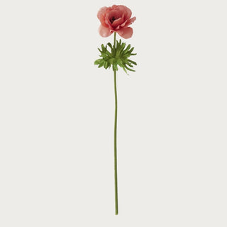 Single dark pink faux buttercup stem with realistic texture and green foliage for modern floral styling