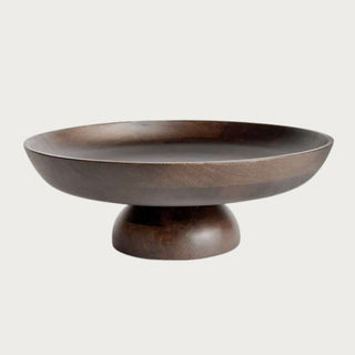 Dark brown mango wood pedestal bowl side view – 13.75 inches wide x 5" high, perfect for styling with flawless candles and faux floral.