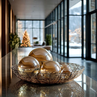 Amber crystal glass decorative balls in three sizes, elegant accent decor for coffee tables, consoles, or shelving displays. Third & Main, Home Decor, Decorative Orb, Holiday Decor, Winter Decor, Everyday Decor, Seasonal Decor, Luxury Decor, Contemporary Decor