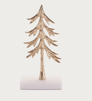 Decorative gold tree sculpture on a white  marble base