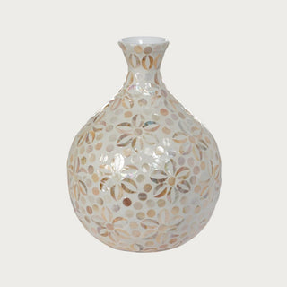 Decorative mother of pearl 13.5" High vase with floral pattern on a white background, Third & Main fall decor 