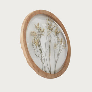 Close-up of the Dome Top Dried Floral Container lid showing delicate dried botanical stems under a clear rounded dome with a natural wood frame.