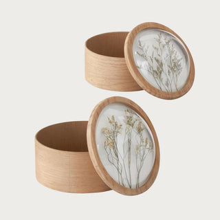 Dome Top Dried Floral Containers shown in two sizes with natural wood bases, clear dome lids, and preserved floral detail for decorative storage.