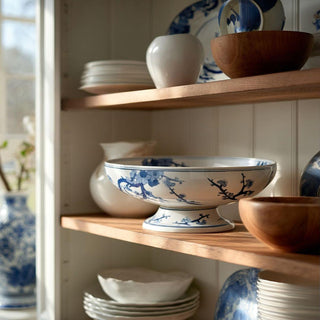 Blue and white Chinoiserie footed ceramic bowl featuring a classic botanical pattern on a crisp white base. A timeless spring decor accent ideal for dining tables, kitchen islands, consoles, shelves, and thoughtfully styled interiors.
