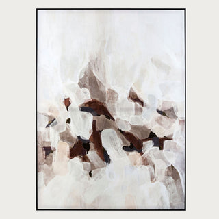 Full view of the 60-inch Earthen Composition hand-painted abstract canvas with cream, rust, brown and charcoal forms in a matte black frame.