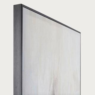 Angled detail of the Earthen Composition hand-painted canvas showing its slim matte black frame and one-inch profile.