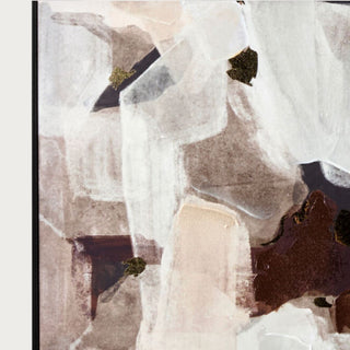 Close-up of the Earthen Composition canvas showing layered cream, taupe, rust, brown and charcoal hand-painted brushwork.