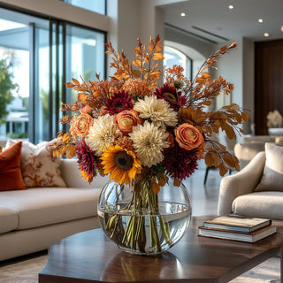 Elegant fall floral arrangement with burgundy sunflowers