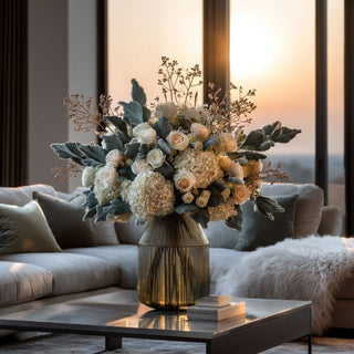 Elegant faux floral arrangement with ivory roses, white hydrangeas, and dusty green leaves displayed in a ribbed glass vase on a modern coffee table at sunset – sophisticated neutral floral centerpiece for contemporary living room décor with timeless, refined styling.