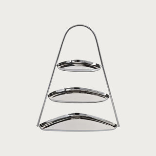 Polished silver three-tiered stand with modern curved design, elegant serving and display piece for entertaining or holiday décor. Third & Main, Home Decor, Holiday Entertaining, Holiday Decor, Winter Decor, Luxury Decor, Contemporary Decor, Polished Nickel