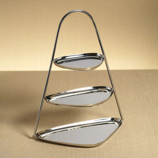 Polished silver three-tiered stand with modern curved design, elegant serving and display piece for entertaining or holiday décor. Third & Main, Home Decor, Holiday Entertaining, Holiday Decor, Winter Decor, Luxury Decor, Contemporary Decor, Polished Nickel