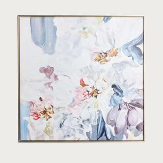 abstract floral wall art with soft blue blush and ivory tones in brushed silver frame for coastal and transitional interiors
