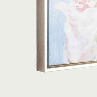 abstract floral wall art with soft blue blush and ivory tones in brushed silver frame for coastal and transitional interiors
