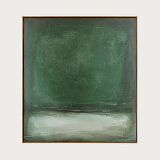 Full view of the Evergreen Horizon 40-inch hand-painted abstract canvas with layered deep green tones and a natural brown frame.