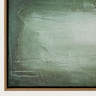 Detail of the Evergreen Horizon hand-painted canvas showing layered green texture transitioning into the pale neutral horizon.