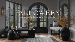 Decorative interior with Halloween-themed decor, including pumpkins and spider webs, perfect for fall and halloween home decor by Third &  Main