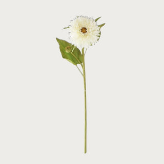 Realistic faux white aster stem with layered soft white petals and natural green foliage, shown as a single 22-inch artificial floral stem on a light neutral background.