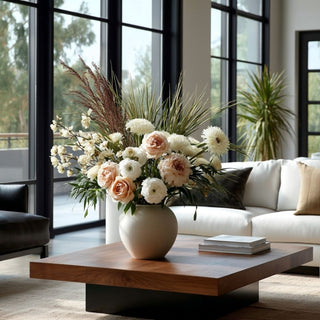 Styled floral arrangement featuring faux white aster stems mixed with blush roses and greenery in a ceramic vase on a modern coffee table in a light-filled living room.