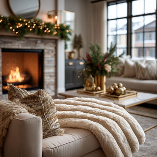 Faux fur light brown  throw draped over a beige sofa near a fireplace, styled with neutral pillows in aluxury  modern farmhouse living room.