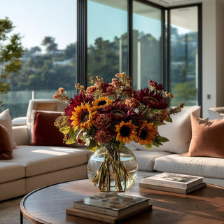 Floral arrangement of burgundy sunflowers and other mixed flowers styled beautifully on a luxury modern contemporary decor style living room 