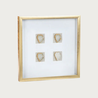 An antiqued gold box frame with four clear crystals with a gold rim set on a soft gray linen fabric backing. The remainder of the inner frame is set on a matte white/cream background. Third & Main, Home Decor, Everyday Decor, Summer Decor, Spring Decor, Seasonal Decor, Luxury Decor, Luxury Living, Contemporary Decor