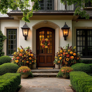 Front porch styled with 25-inch fall peony, dahlia, and sunflower wreath with green satin ribbon and large planters of seasonal flowers.