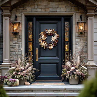 Front porch with double planters and 26-inch magnolia wreath with gold foliage and pinecones on dark door – luxurious winter floral wreath for elegant exterior Christmas décor