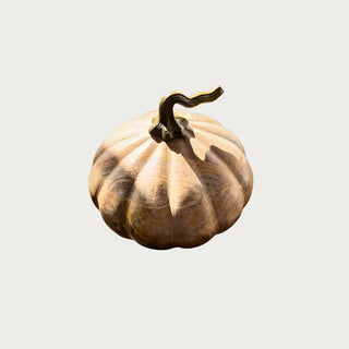 Gently used 8-inch mango wood pumpkin with resin a stem – medium carved wood pumpkin with light imperfections, ideal centerpiece.