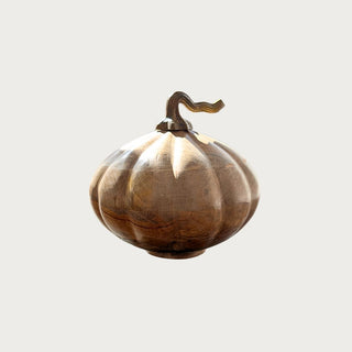 Gently used 8-inch mango wood pumpkin with resin stem – medium carved wood pumpkin with light imperfections, ideal centerpiece.