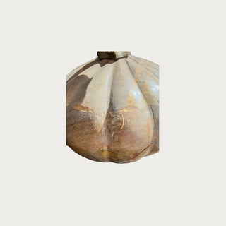 Gently used 8-inch mango wood pumpkin with resin stem – medium carved wood pumpkin with some light imperfections, ideal centerpiece.
