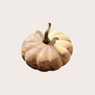 Gently used 9-inch mango wood pumpkin with a resin stem – large decorative wood pumpkin for console or dining table display.