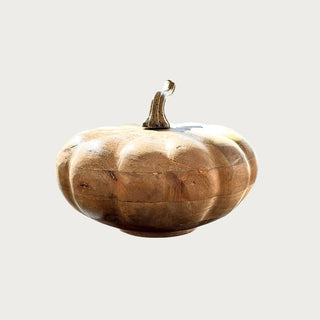Gently used 9-inch mango wood pumpkin with resin stem – large decorative wood pumpkin for console or dining table display.