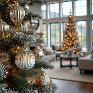 Decorative Christmas tree with gold and white/cream  ornaments in a luxury modern contemporary decor style living room setting.