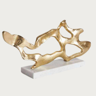 Gold abstract Cohen sculpture with textured finish on white marble base, 20 inch modern decorative accent for console table styling