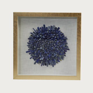 Front view of gold framed blue lapis flower wall decor with natural crystal detail, linen background, and square shadowbox frame for bathroom, hallway, or shelf styling.